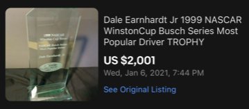 Dale Earnhardt Jr 1999 NASCAR WinstonCup Busch Series Most Popular Award Driver TROPHY